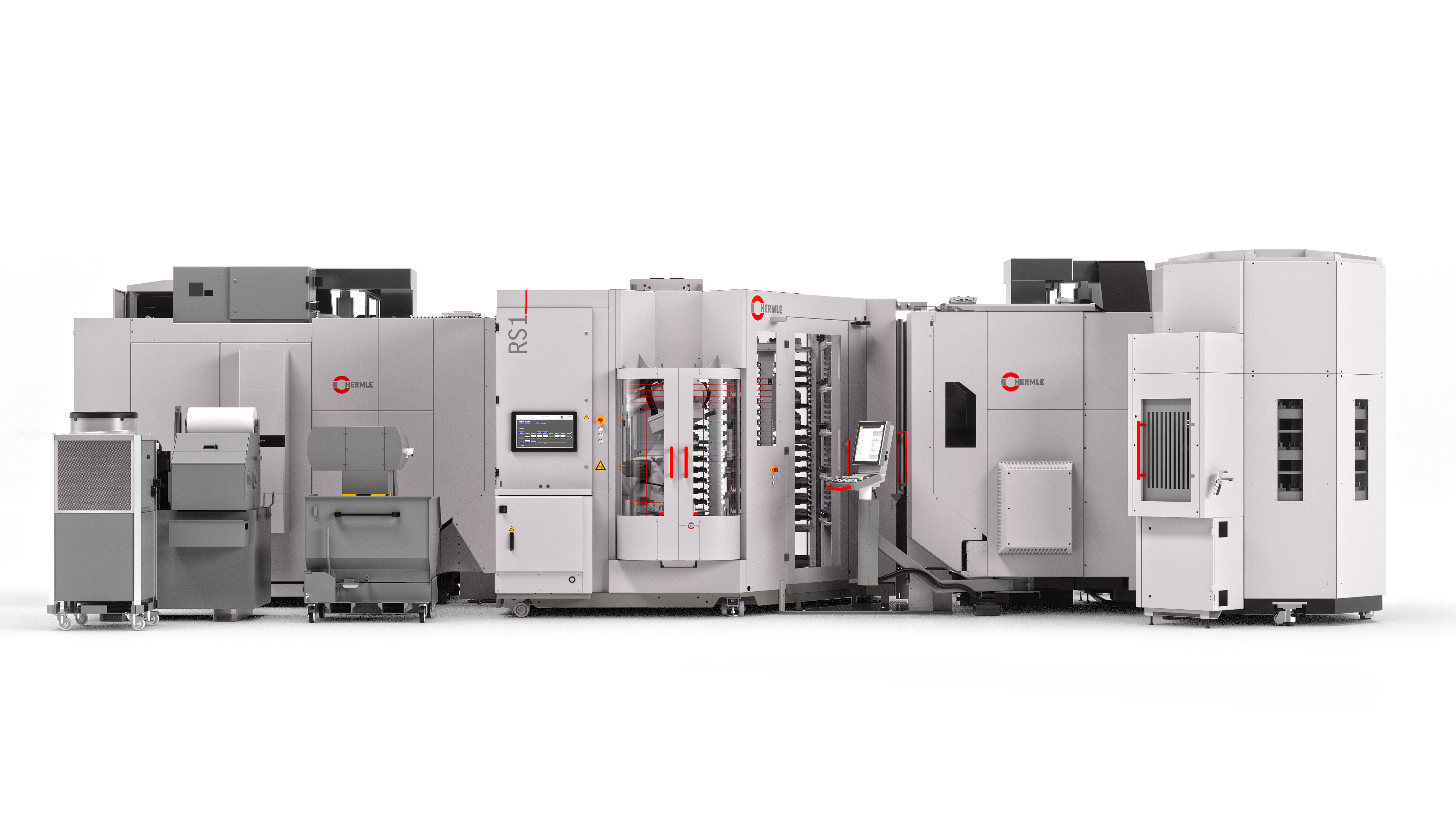 HERMLE Robotersystem RS 1 GEN2 mit zwei adaptierten HERMLE 5-Achs-Bearbeitungszentren C 32