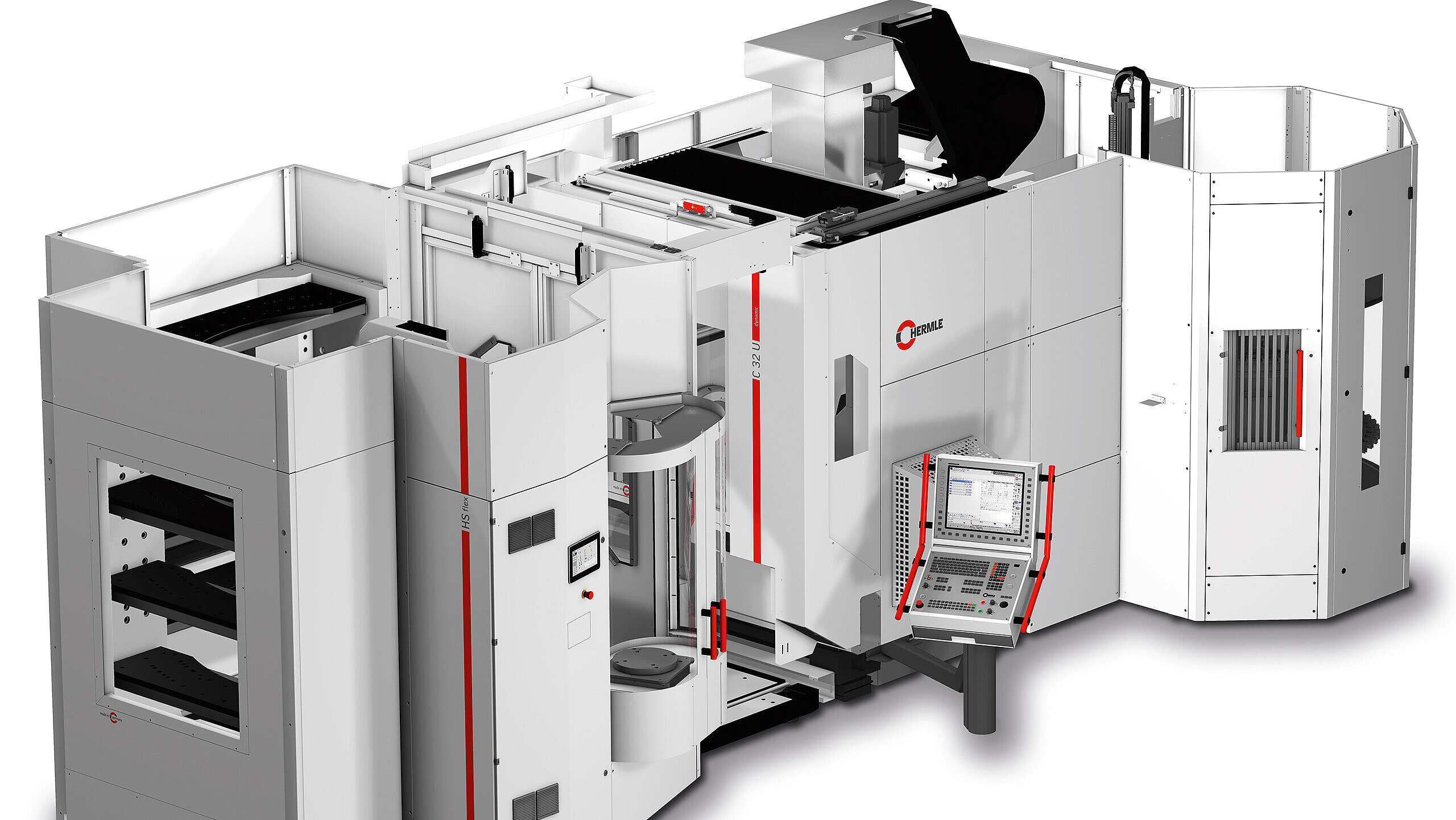 Das Handlingsystem HS flex von Hermle mit zwei Speichermodulen adaptiert an ein 5-Achsen-Bearbeitungszentrum C 32