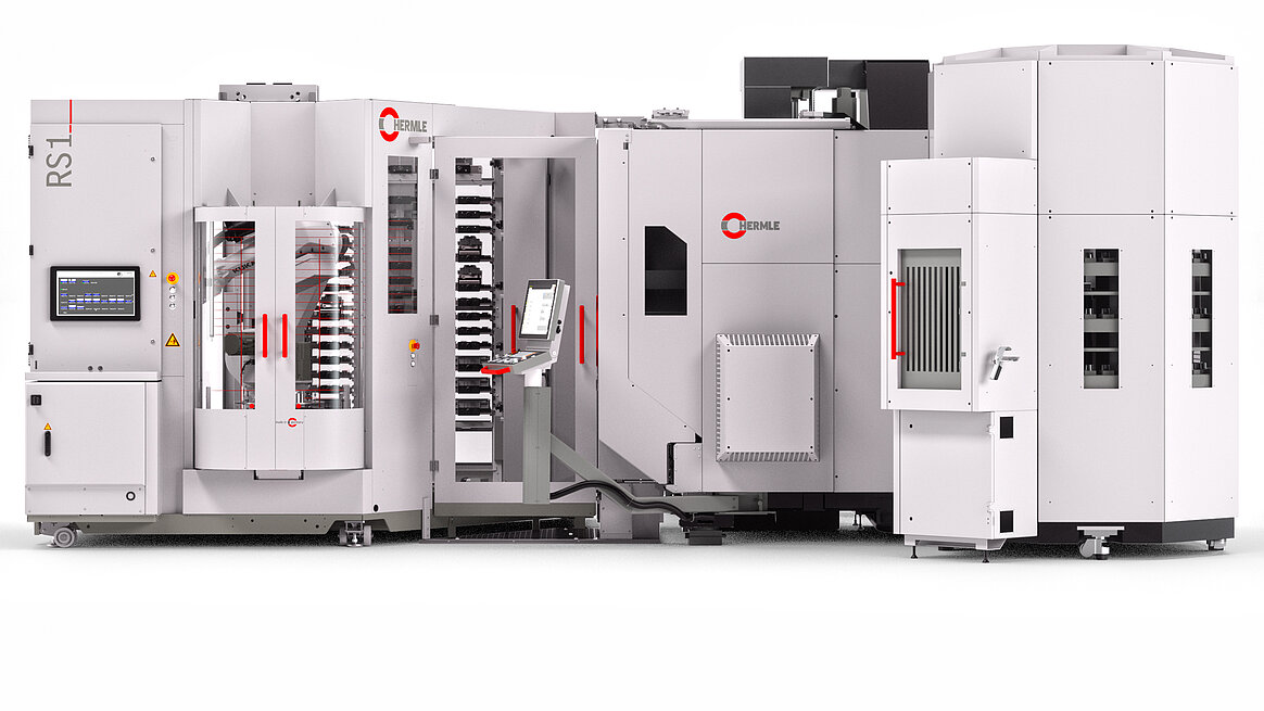 HERMLE Robotersystem RS 1 GEN2 mit adaptiertem HERMLE 5-Achs-Bearbeitungszentren C 32