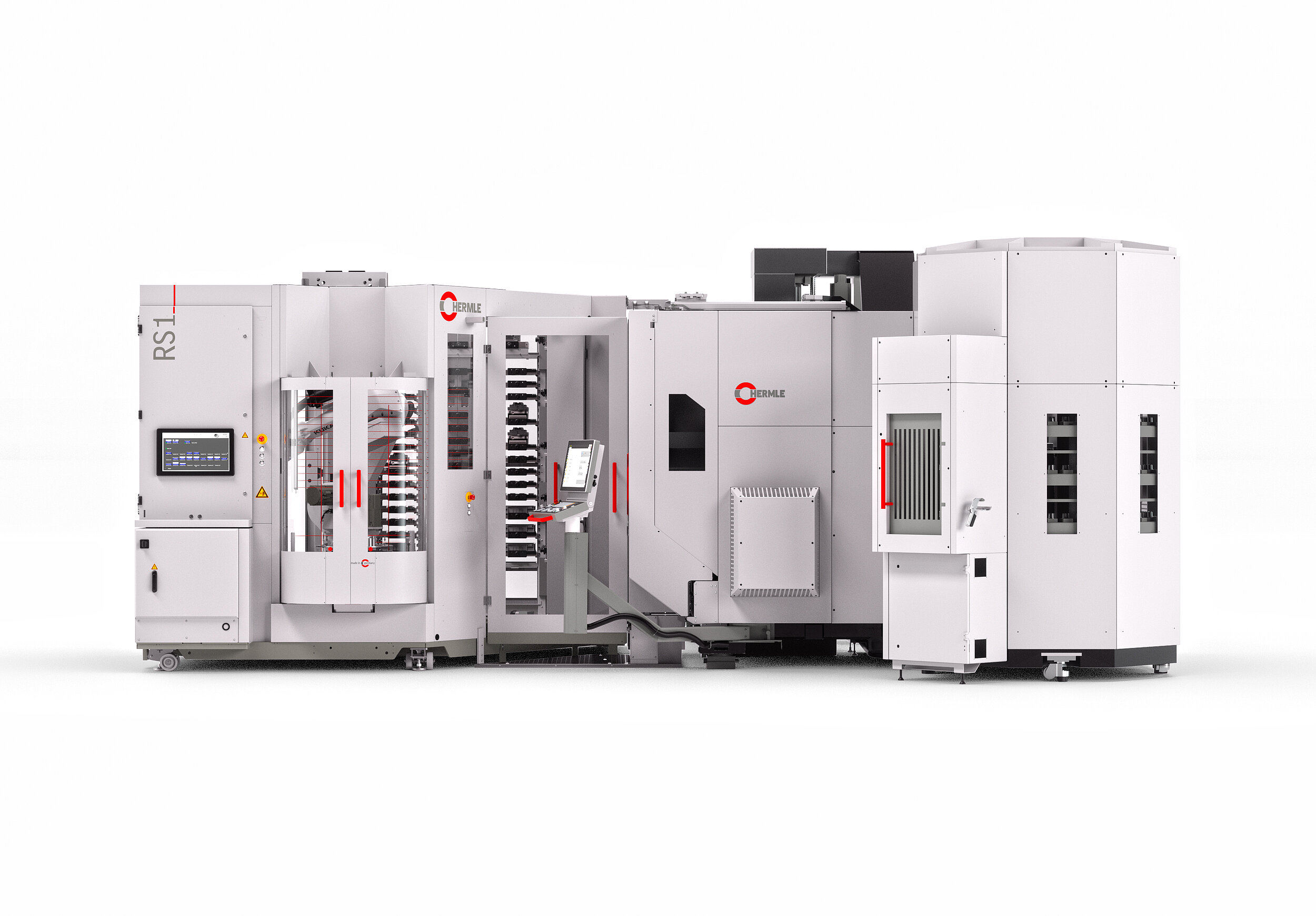 HERMLE Robotersystem RS 1 GEN2 mit adaptiertem HERMLE 5-Achs-Bearbeitungszentren C 32