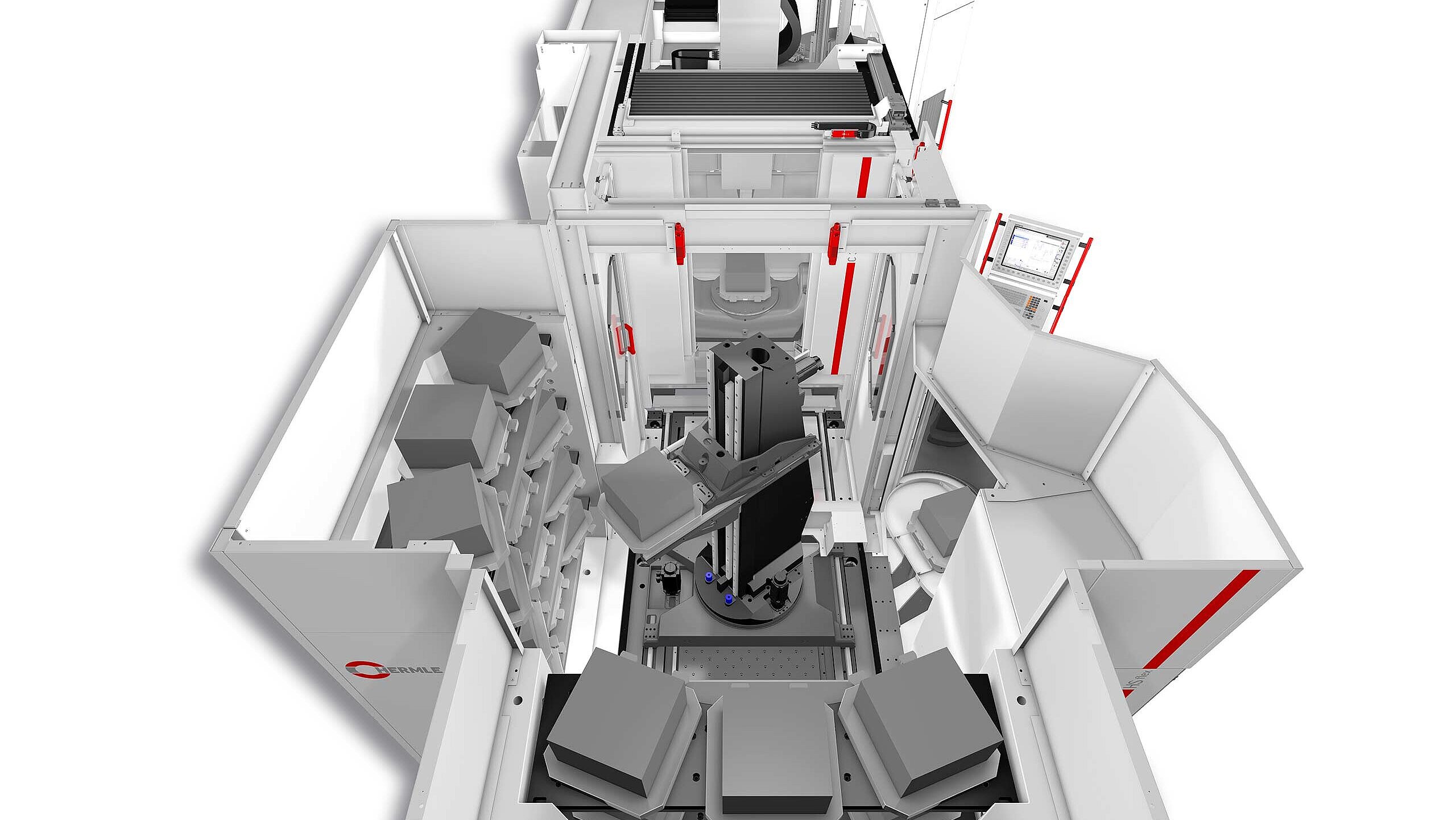 Das Handlingsystem HS flex mit zwei Speichermodulen adaptiert an ein 5-Achsen-Bearbeitungszentrum C 32