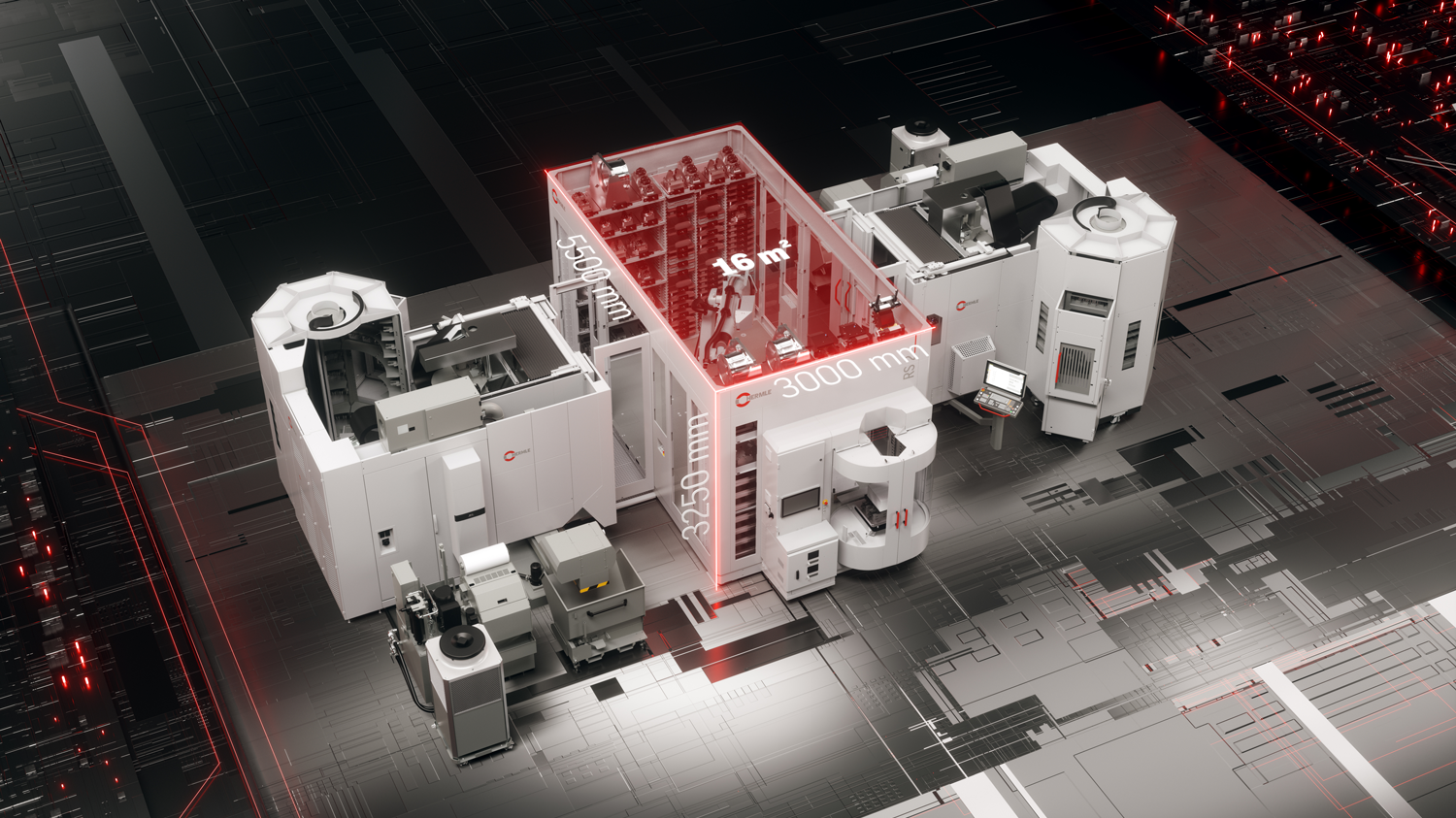 Platzbedarf der Ausbaustufe 1 des HERMLE Robotersystem RS 2 GEN2 mit zwei adaptierten HERMLE 5-Achs-Bearbeitungszentren C 32