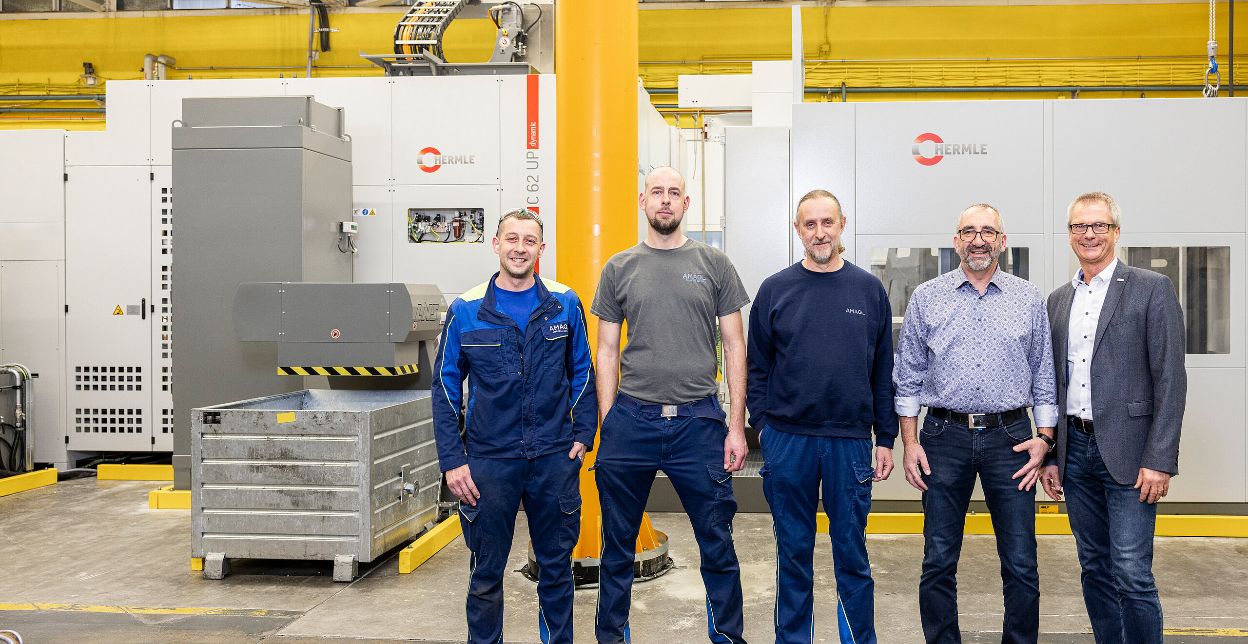 CNC miller Jonathan Gabel, CNC production manager Carsten Schmidt, maintenance manager Michael Jakob, production manager Volker Manz (all AMAG components Karlsruhe GmbH) and Andreas Glumpler, HERMLE AG sales rep