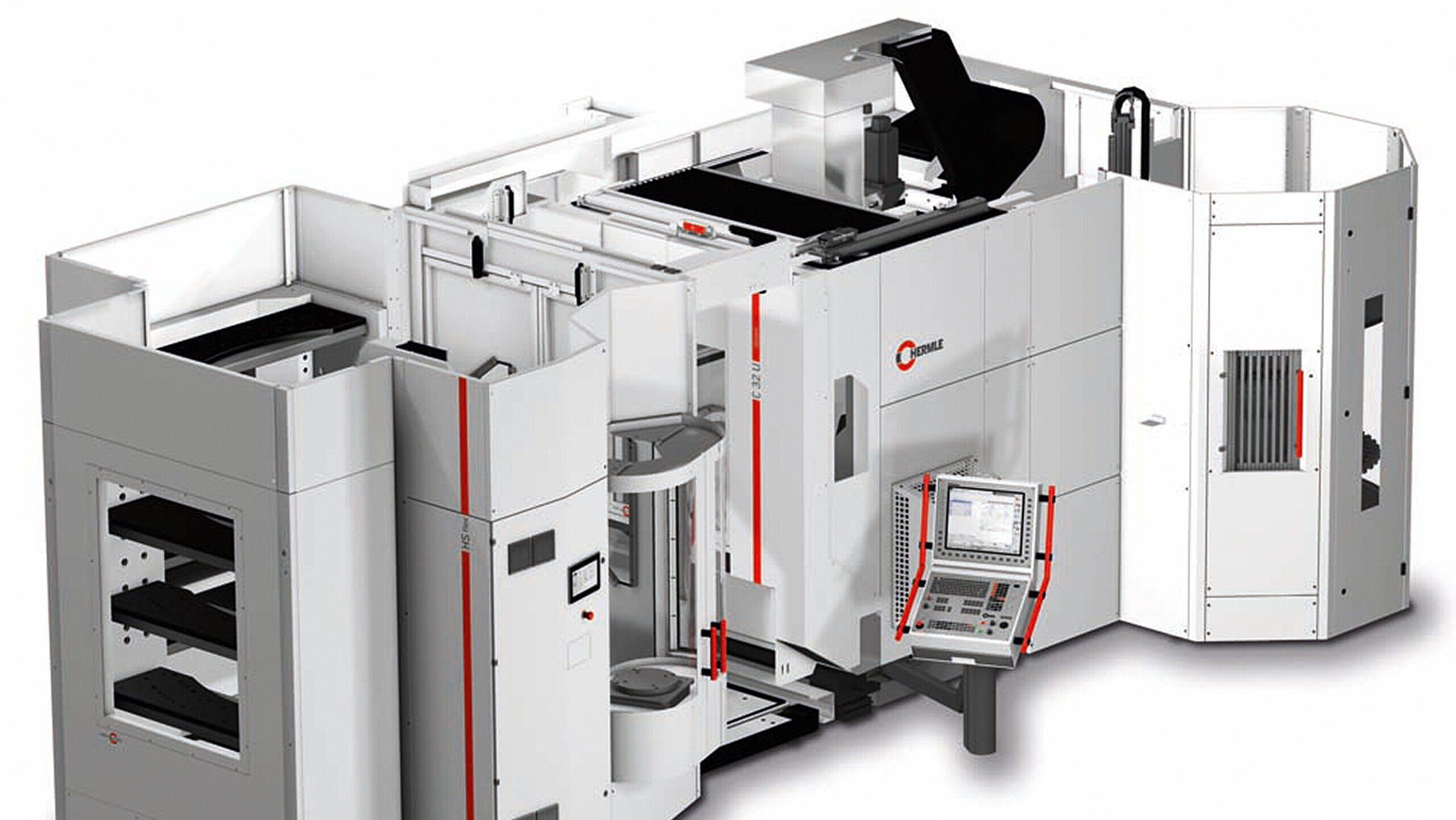 Das Handlingsystem HS flex von Hermle mit zwei Speichermodulen adaptiert an ein 5-Achsen-Bearbeitungszentrum C 32