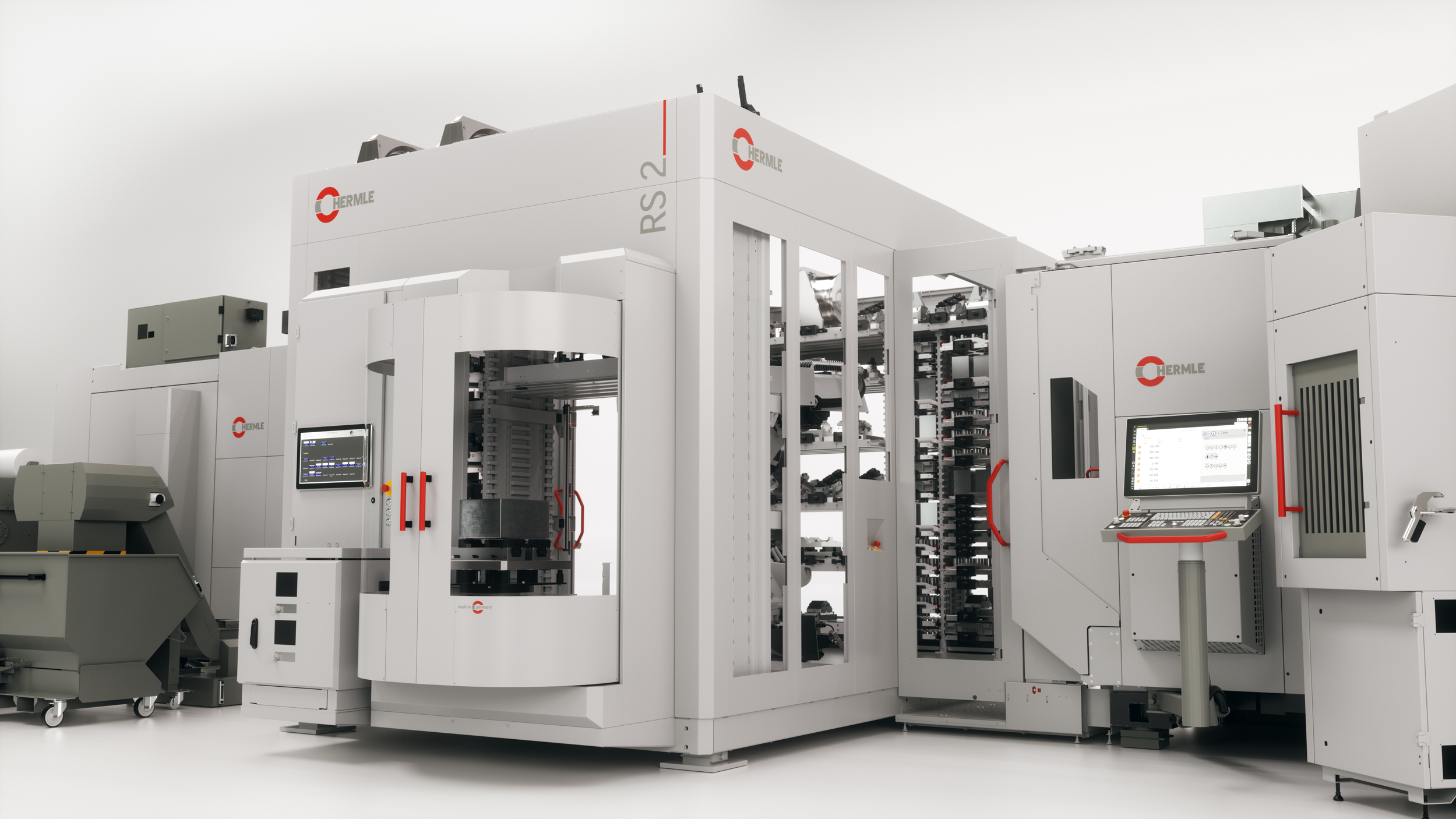 HERMLE Robotersystem RS 2 GEN2 mit zwei adaptierten HERMLE 5-Achs-Bearbeitungszentren C 32