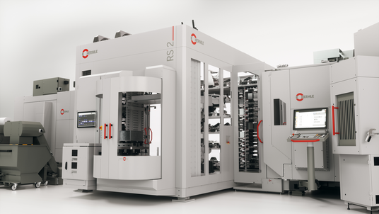 The HERMLE robot system RS 2 GEN2 with two adapted HERMLE C 32 five-axis machining centres