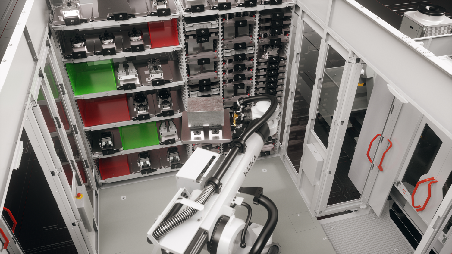 Individuelle Regalmodule mit einer intelligenten Ablagestrategie des HERMLE Robotersystems RS 2 GEN2
