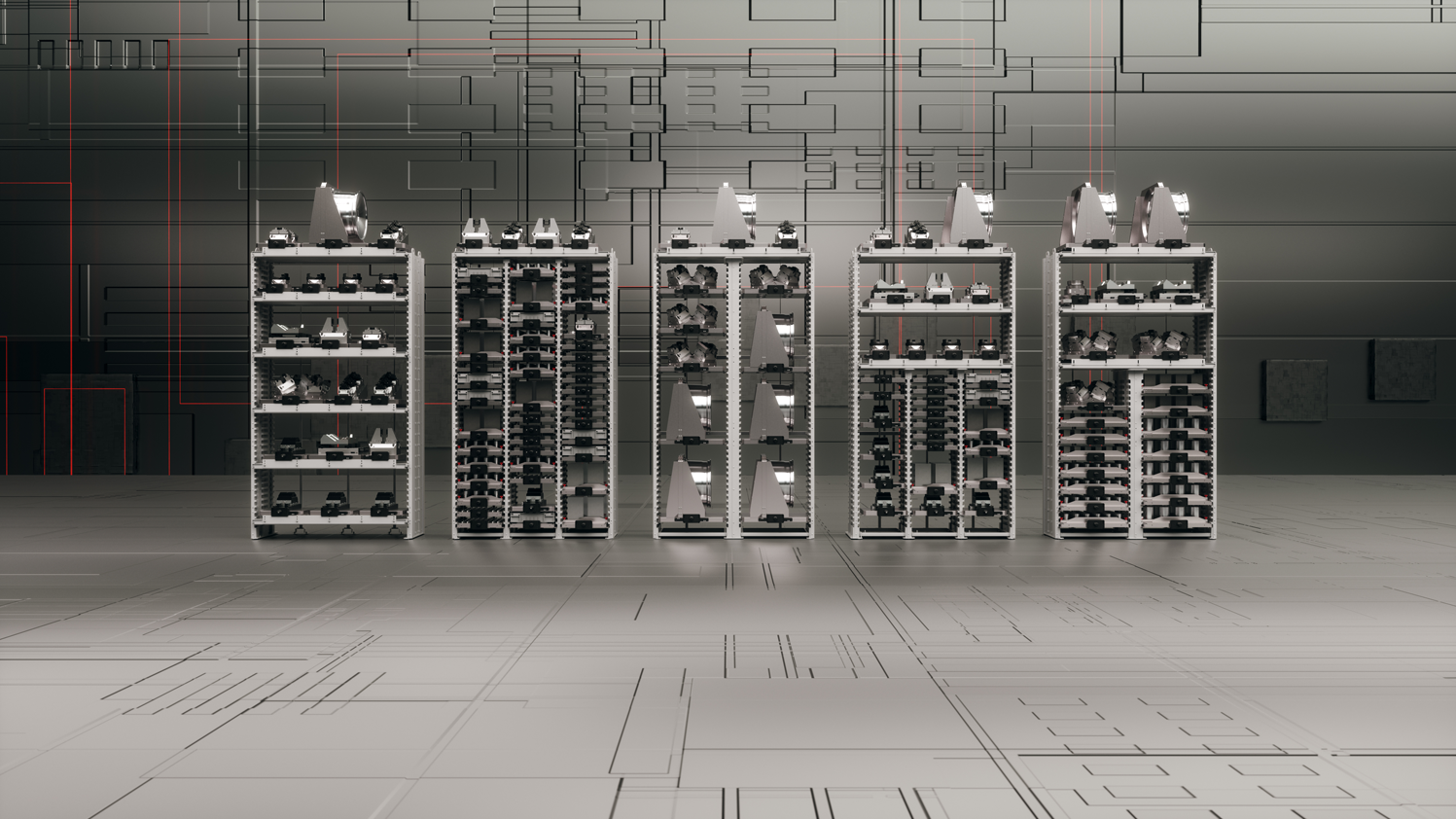 Fünf der sechs Regalmodule für das HERMLE Robotersystem RS 2 GEN2