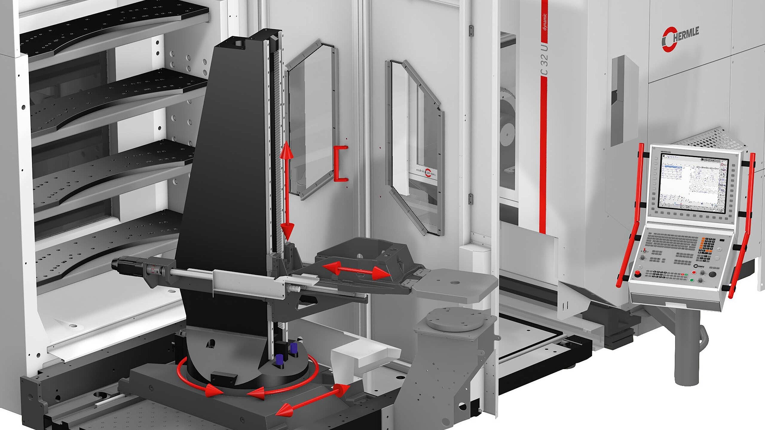 Das Handlingsystem HS flex von Hermle im Schnittbild mit den Achsanordnungen der Handlingeinheit