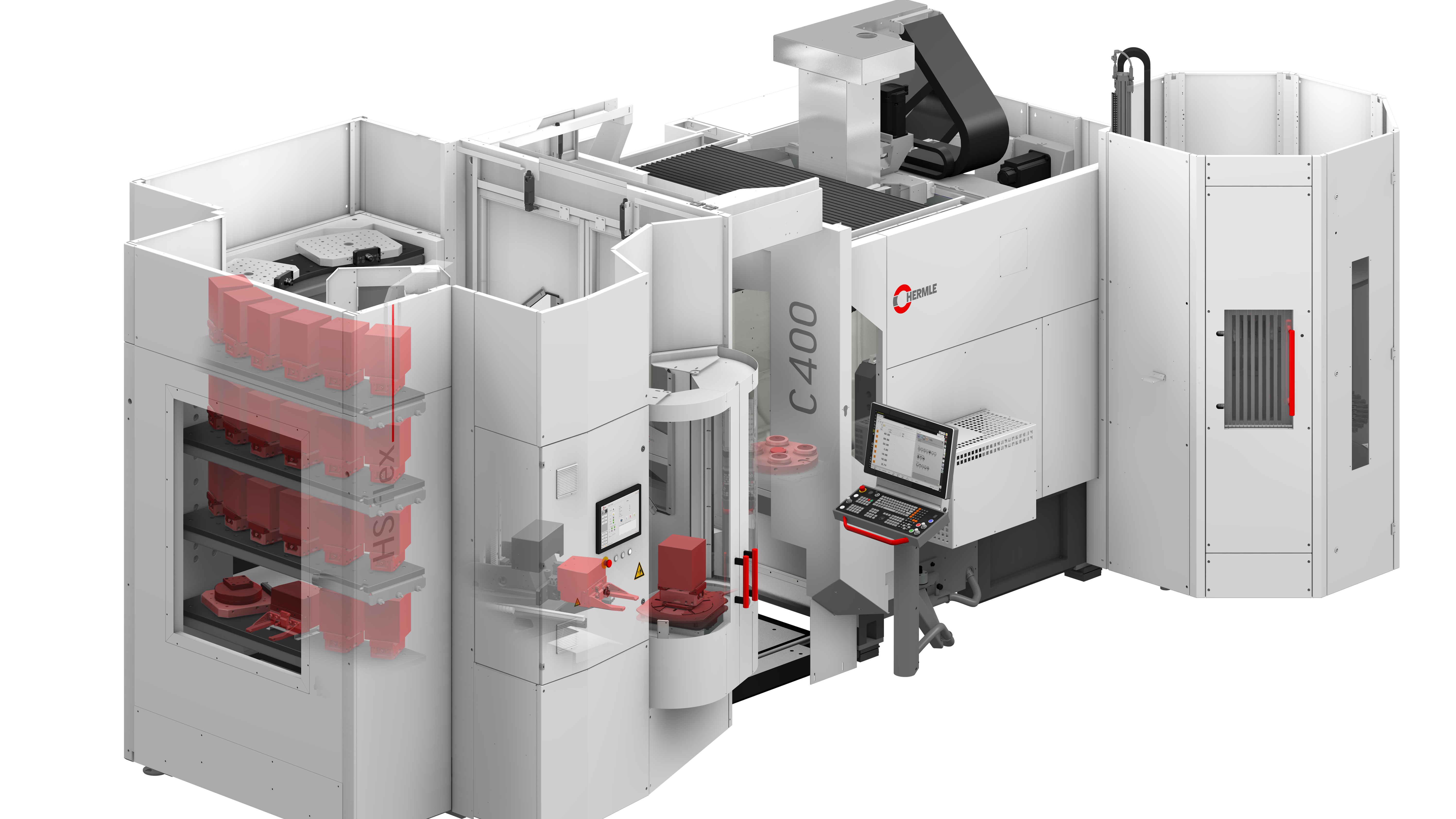 HERMLE handling system HS flex hybrid with two storage modules adapted to a HERMLE C 400 five-axis machining centre