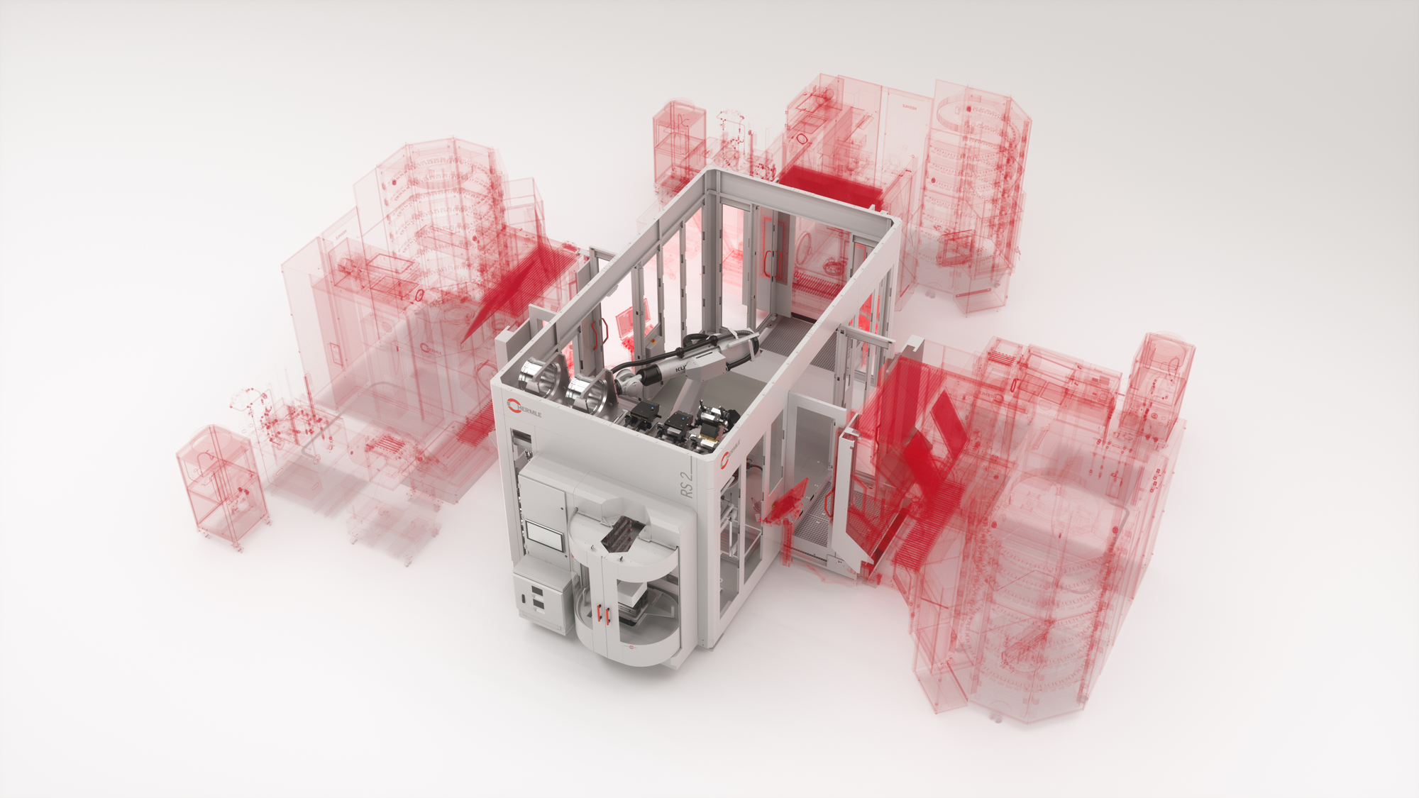 HERMLE Robotersystem RS 2 GEN2 mit drei adaptierten HERMLE 5-Achs-Bearbeitungszentren C 32